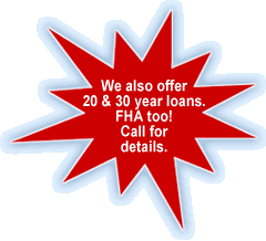 We also offer 20 & 30 year loans. FHA too! Call for details.